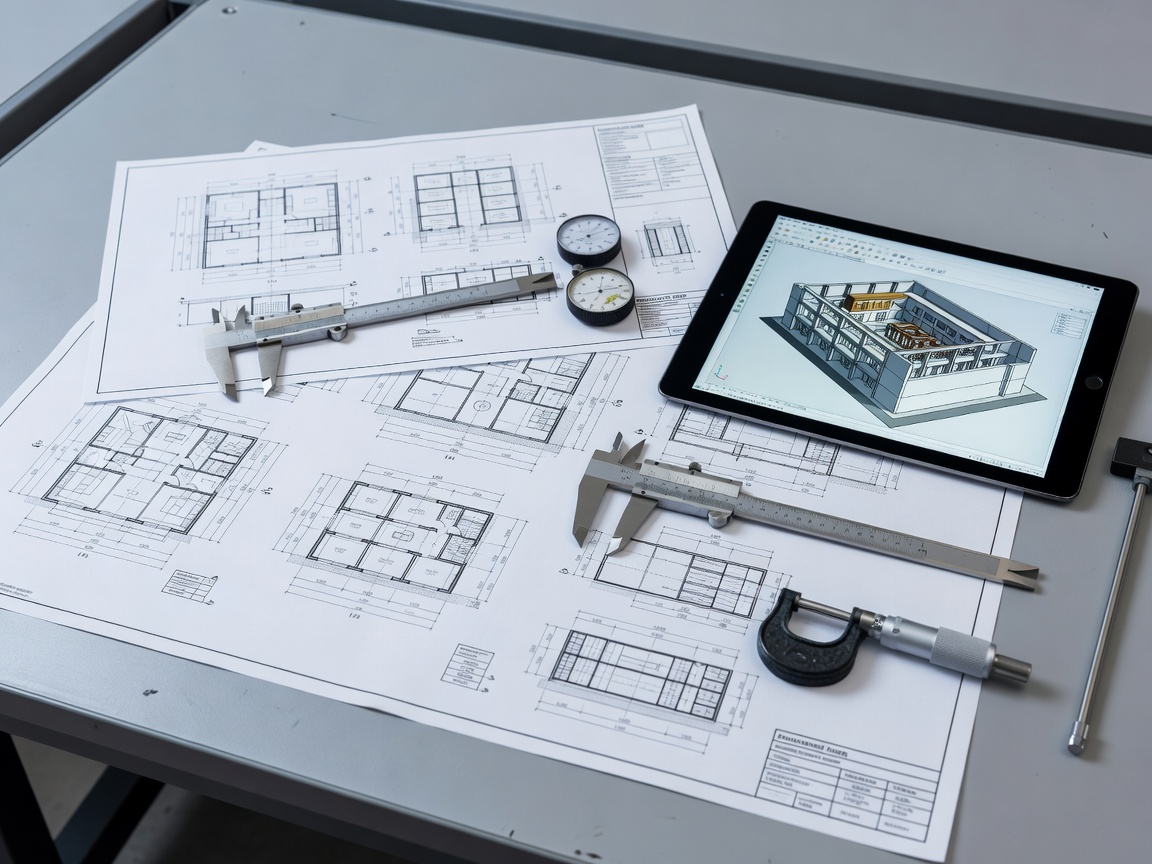 Architectural design and facilities engineering blueprints alongside digital tablet and technical measuring gauges