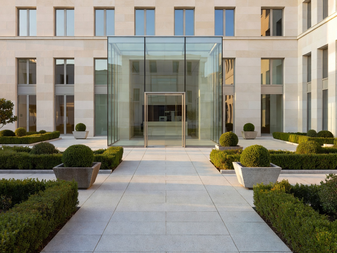 Architectural European commercial building courtyard with orderly stone landscaping and modern glass entrance