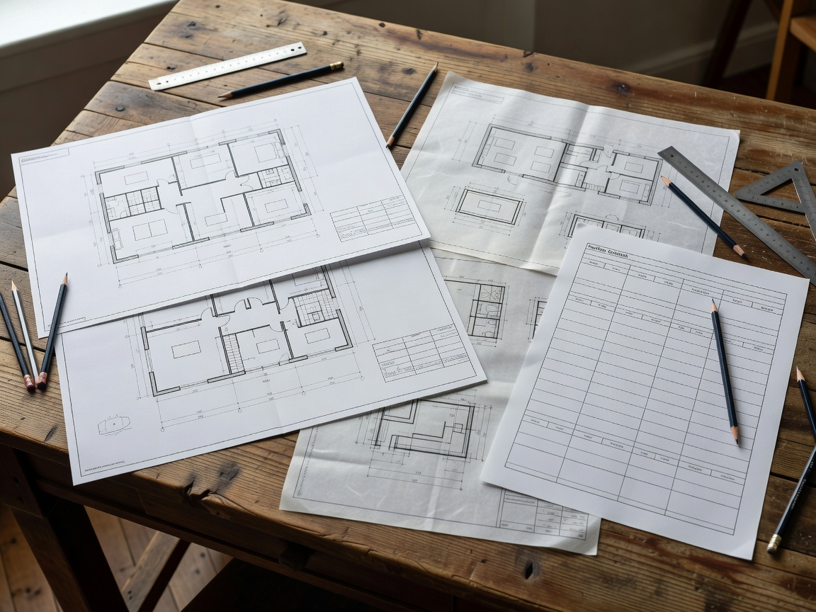 Architectural floor plans, mechanical schematics and facilities schedule documents organized on a timber desk