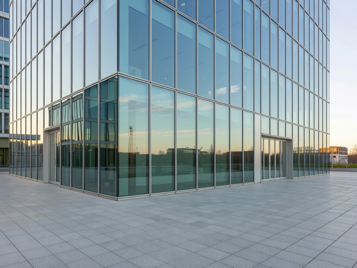 Architectural glass façade of a modern European commercial office building with clean paved walkways