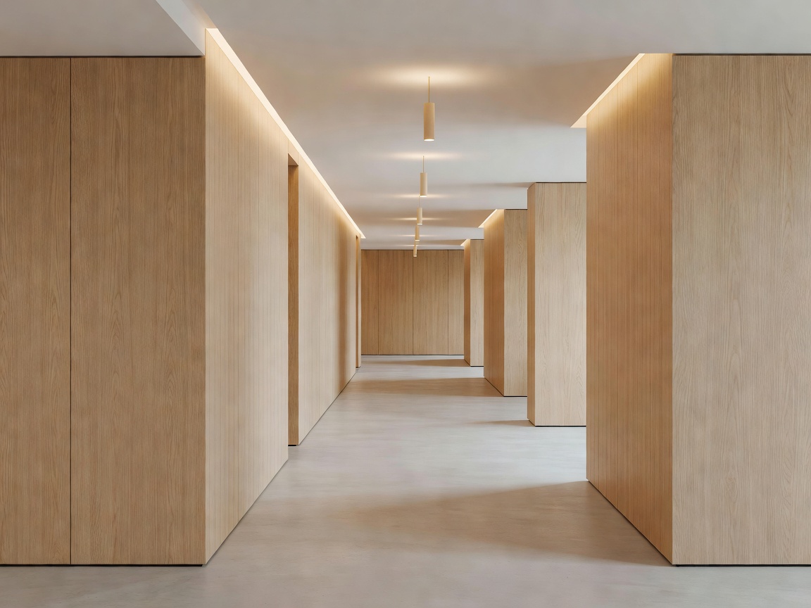 Bright minimalist European office corridor with acoustic wood paneling and warm architectural lighting