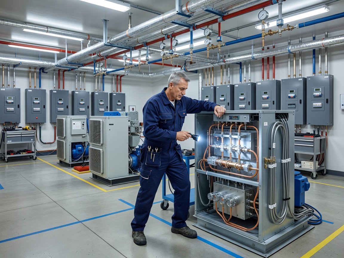 Commercial property technician inspecting mechanical system installations in an organized plant room