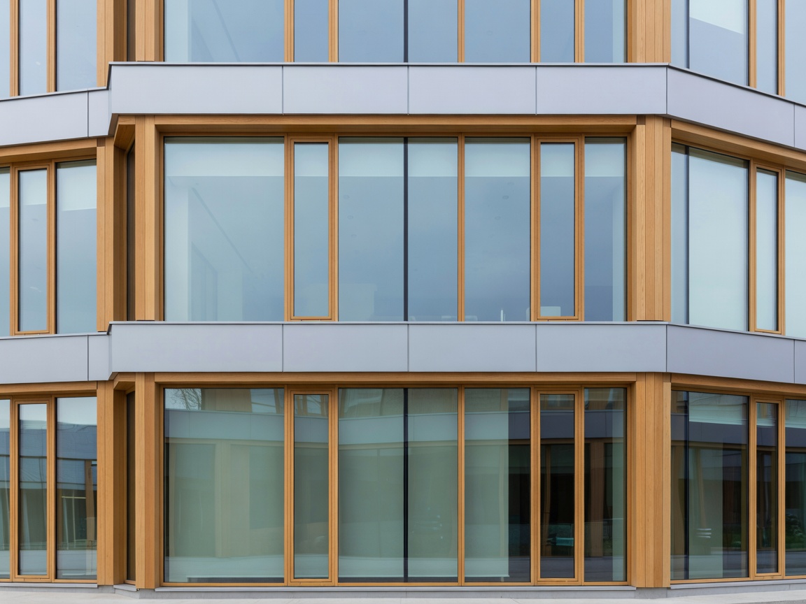 Detailed inspection view of clean European commercial building façade with modern timber and zinc accents