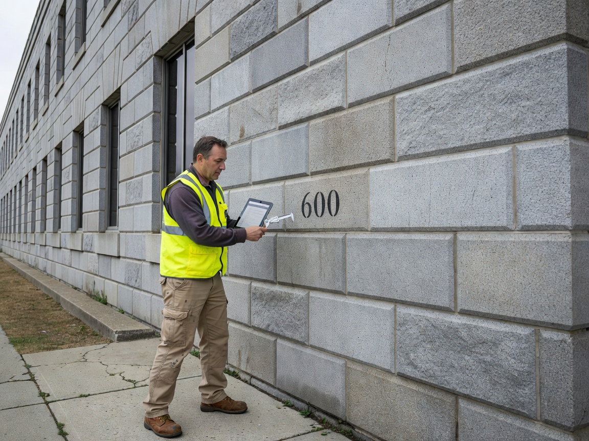 Facilities specialist conducting systematic observational audit of commercial building perimeter stonework