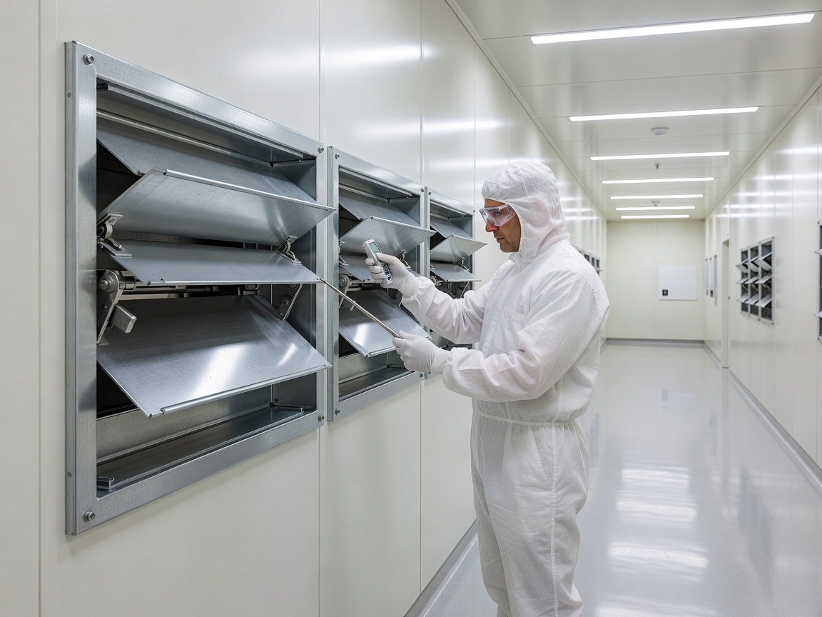 Specialist facilities engineering technician verifying high-efficiency ventilation dampers in a clean commercial plant corridor