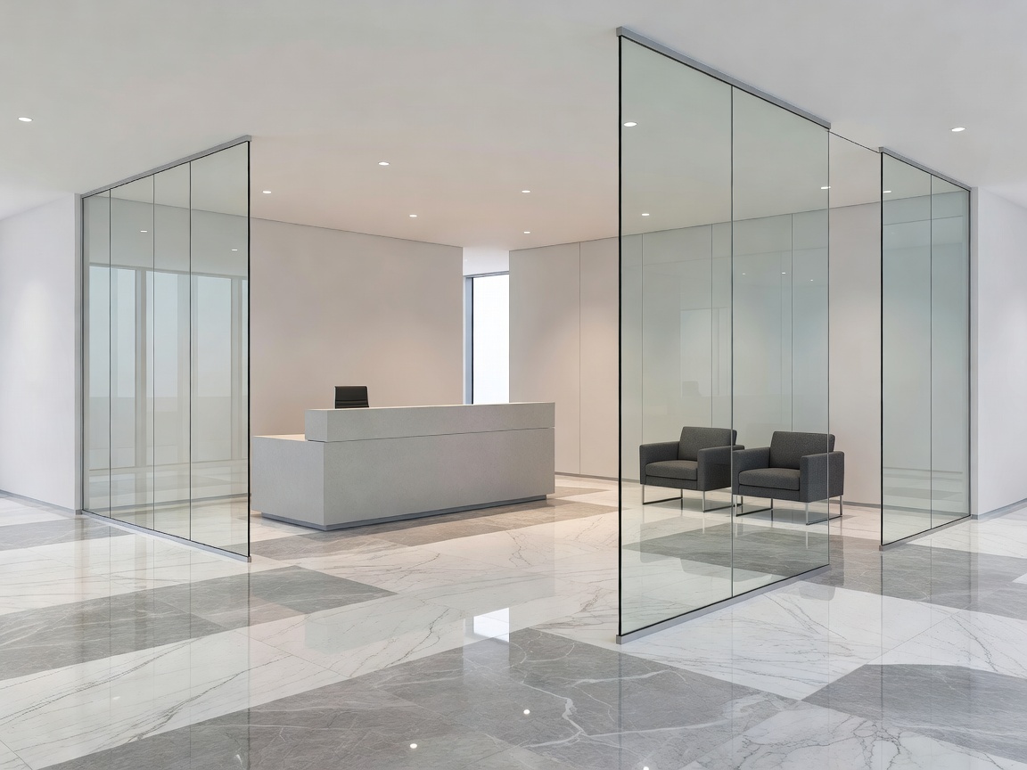 Spotless modern corporate reception foyer with architectural marble flooring and glass partitions
