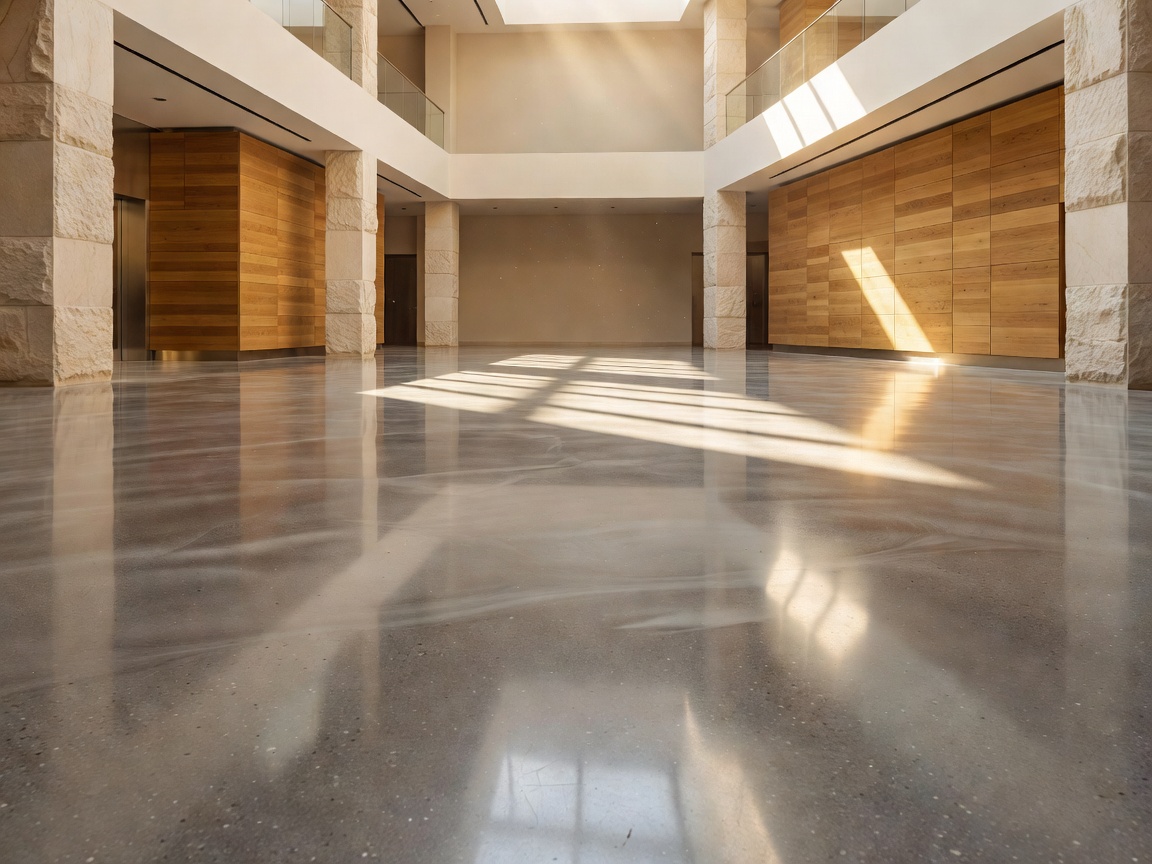 Sunlit commercial atrium floor with pristine polished concrete and natural architectural finishes